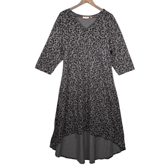 D&Co. Midi Dress Women Size XL Gray Geometric Print Hi-Low Hem Tie Waist Stretch - Picture 1 of 14